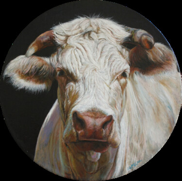 Painting titled "24014-VACHE CHAROLA…" by Capton, Original Artwork, Oil Mounted on Wood Stretcher frame