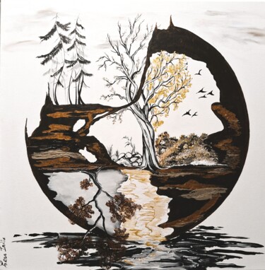 Malerei mit dem Titel "4 Saisons or" von Cara India, Original-Kunstwerk, Acryl Auf Keilrahmen aus Holz montiert