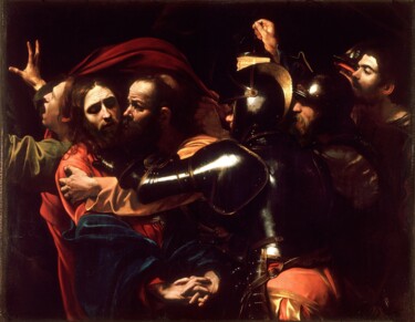 Painting titled "The Taking of Christ" by Caravaggio, Original Artwork, Oil
