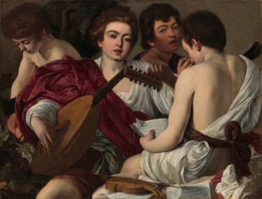 Pintura titulada "Les Musiciens" por Caravaggio, Obra de arte original, Oleo