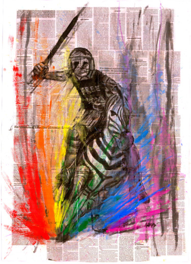 Картина под названием "A cop riding a zebr…" - Kamil Valeev, Подлинное произведение искусства, Чернила