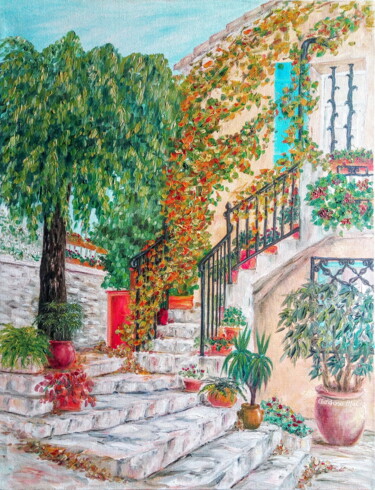 Painting titled "Escaliers Fleuris d…" by Cardoso Manu, Original Artwork, Oil Mounted on Wood Stretcher frame