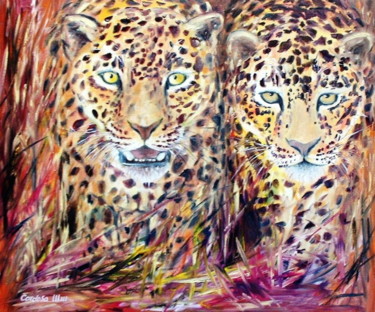 제목이 "Léopards"인 미술작품 Cardoso Manu로, 원작, 기름 나무 들것 프레임에 장착됨