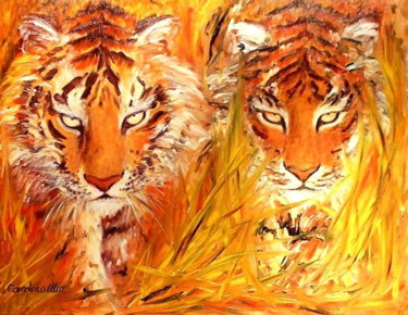 Painting titled "Tigres de Sibérie" by Cardoso Manu, Original Artwork, Oil Mounted on Wood Stretcher frame