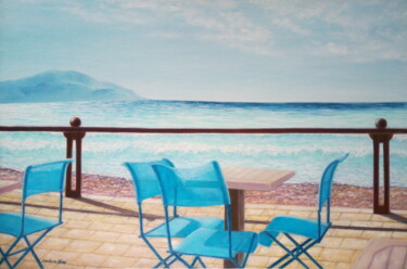 Painting titled "TERRASSE VUE MER" by Cardoso Manu, Original Artwork, Oil Mounted on Wood Stretcher frame