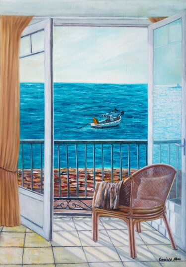 Painting titled "CHAMBRE VUE MER" by Cardoso Manu, Original Artwork, Oil Mounted on Wood Stretcher frame