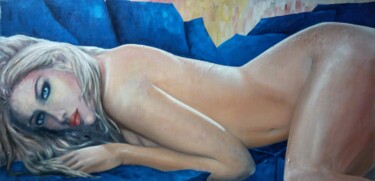 Painting titled "Diana | Blue Sofa" by Cardoso Manu, Original Artwork, Oil Mounted on Wood Stretcher frame