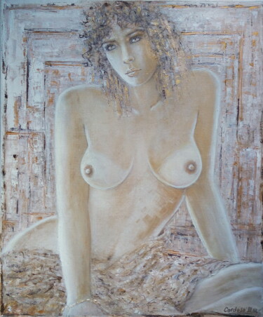 Malarstwo zatytułowany „MAEVA | Golden Nude” autorstwa Cardoso Manu, Oryginalna praca, Olej Zamontowany na Drewniana rama no…