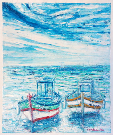 Painting titled "BARQUES DE PECHE SO…" by Cardoso Manu, Original Artwork, Oil Mounted on Wood Stretcher frame