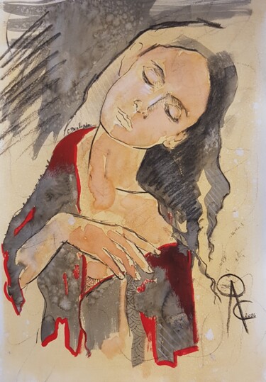 Malerei mit dem Titel "Veste en rouge" von Carine Berbain, Original-Kunstwerk, Tinte