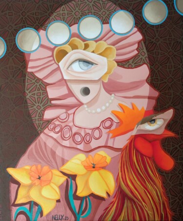 Peinture intitulée "Le coq et sa poule" par Carine Capelle (Nelly), Œuvre d'art originale, Acrylique Monté sur Châssis en bo…