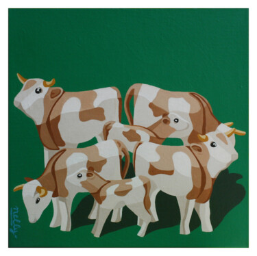 Painting titled "Les vaches" by Carine Capelle (Nelly), Original Artwork, Acrylic Mounted on Wood Stretcher frame