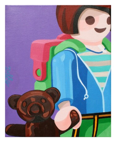 Malerei mit dem Titel "L'enfant et l'ourson" von Carine Capelle (Nelly), Original-Kunstwerk, Acryl Auf Keilrahmen aus Holz m…