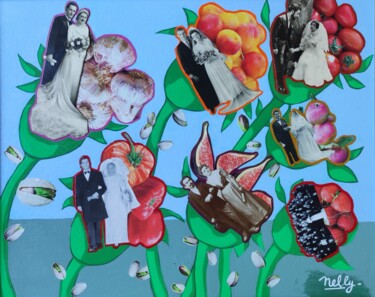 Collages titulada "Les mariages de sai…" por Carine Capelle (Nelly), Obra de arte original, Acrílico Montado en Panel de mad…