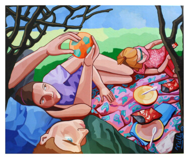 Schilderij getiteld "Déjeuner sur l'herbe" door Carine Capelle (Nelly), Origineel Kunstwerk, Acryl Gemonteerd op Frame voor…
