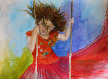 Peinture intitulée "Une demoiselle sur…" par Carine Augustiniak, Œuvre d'art originale, Aquarelle