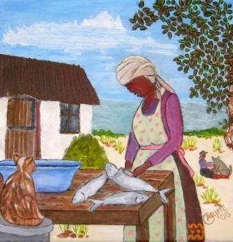 Painting titled "Cleaning fish" by Carine B, Original Artwork
