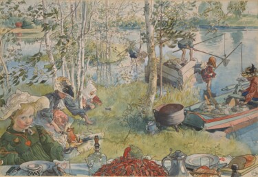 Malarstwo zatytułowany „En pêchant les écre…” autorstwa Carl Larsson, Oryginalna praca, Akwarela