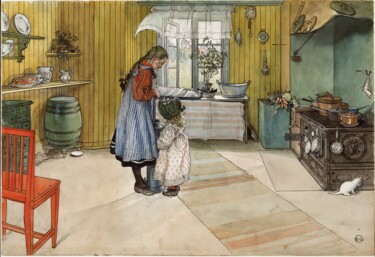 Pintura intitulada "La cuisine" por Carl Larsson, Obras de arte originais, Aquarela