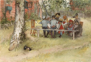 Pintura intitulada "Petit déjeuner sous…" por Carl Larsson, Obras de arte originais, Aquarela
