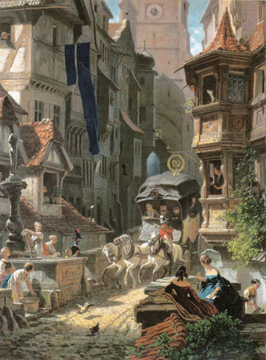 Malerei mit dem Titel "The arrival of the…" von Carl Spitzweg, Original-Kunstwerk, Öl
