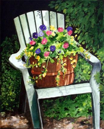 Painting titled "Little Garden Chair" by Carla J Connelly, Original Artwork, Oil