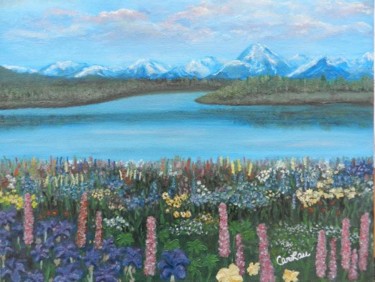 Peinture intitulée "champs fleuri" par Carlau, Œuvre d'art originale