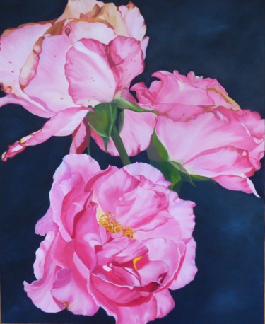 Pintura intitulada "coeur de roses" por Carline, Obras de arte originais, Óleo