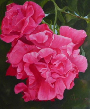 Schilderij getiteld "grappe rose" door Carline, Origineel Kunstwerk, Olie