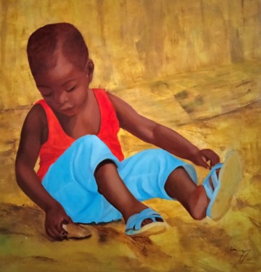 Schilderij getiteld "jeu d'enfant" door Carline, Origineel Kunstwerk, Olie Gemonteerd op Frame voor houten brancard