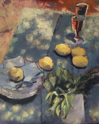 Pintura intitulada "Table et citrons" por Carlita, Obras de arte originais, Óleo
