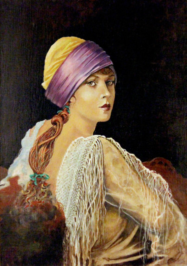 Painting titled "Donna con copricapo" by Carlo R. Pisano, Original Artwork, Oil