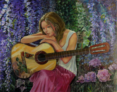 Ragazza con la chitarra Pittura intitolato "Ragazza con la chit…" da Carlo R. Pisano, Opera d'arte originale, Olio