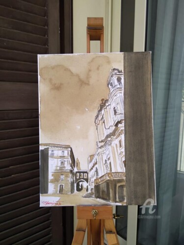 Painting titled "Centro Città" by Carlo Spampinato, Original Artwork, Oil Mounted on Wood Stretcher frame