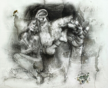 Tekening getiteld "La tercera edad" door Carlos Asensio, Origineel Kunstwerk, Houtskool Gemonteerd op Houten paneel