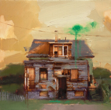 Painting titled "Abandoned house V" by Carlos Asensio, Original Artwork, Oil Mounted on Wood Stretcher frame