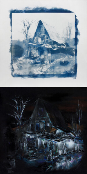 Zeichnungen mit dem Titel "Abandoned house XIV" von Carlos Asensio, Original-Kunstwerk, Pastell Auf Holzplatte montiert