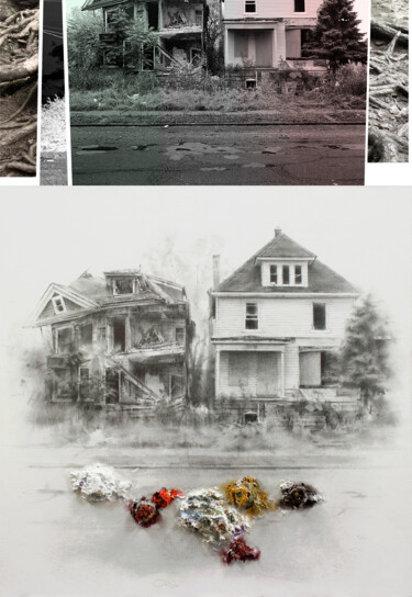 Рисунок под названием "Abandoned houses" - Carlos Asensio, Подлинное произведение искусства, Графит Установлен на Деревянная…
