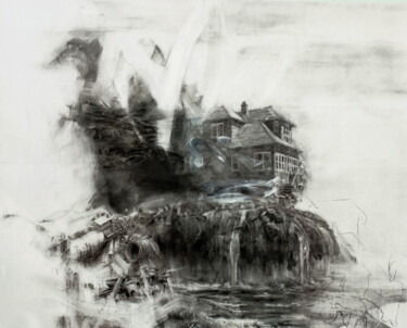 Tekening getiteld "Inhospitable place…" door Carlos Asensio, Origineel Kunstwerk, Houtskool Gemonteerd op Houten paneel