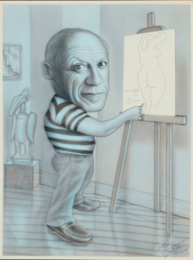 Painting titled "Pablo Picasso is a…" by Carlos Cartagena, Original Artwork, Airbrush Mounted on Wood Panel