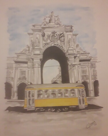 Картина под названием "Electrico de Lisboa" - Carlos Lisboa, Подлинное произведение искусства, Акварель