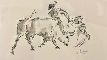 Pintura intitulada "Touro e toureiro" por Carlos Lisboa, Obras de arte originais, Aquarela