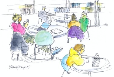 Dibujo titulada "In the cafeteria of…" por Carlos Yasoshima, Obra de arte original, Acuarela