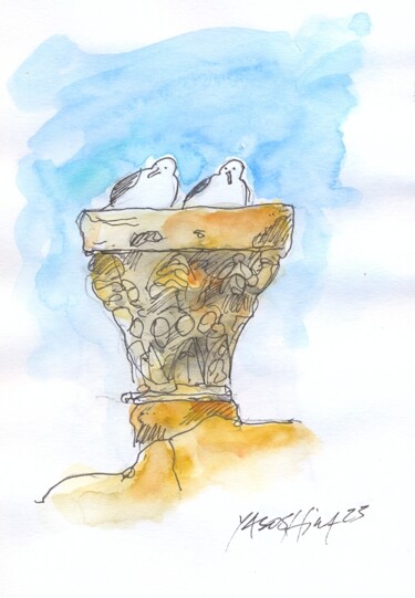 Dibujo titulada "gaivotas" por Carlos Yasoshima, Obra de arte original, Acuarela