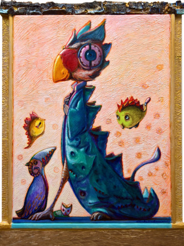 Painting titled "Jurassic Friends" by Carlo Salomoni, Original Artwork, Acrylic Mounted on Wood Panel