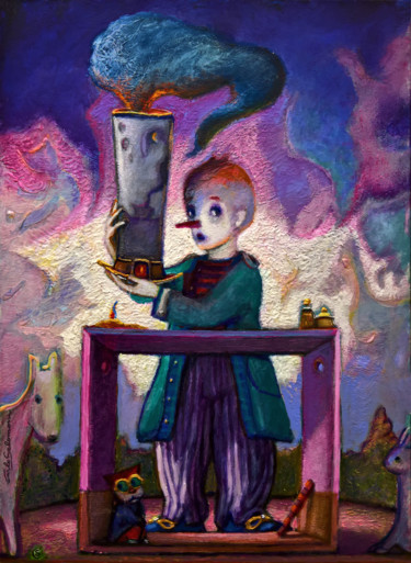 Painting titled "THE MAGIC HATTER" by Carlo Salomoni, Original Artwork, Acrylic Mounted on Wood Panel