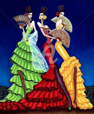 Pintura titulada "Gitanas con abanicos" por Carlos Andino, Obra de arte original, Oleo