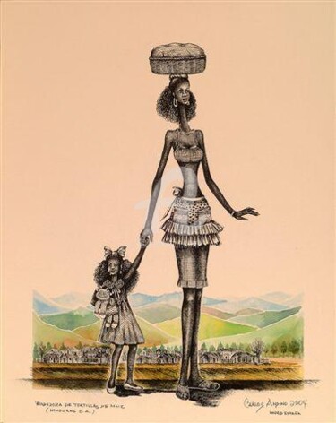Dibujo titulada "Mujer, niña y muñeca" por Carlos Andino, Obra de arte original, Otro