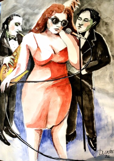 Schilderij getiteld "La femme en rouge" door Decastro, Origineel Kunstwerk, Aquarel