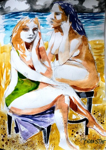 Peinture intitulée "2 filles assises su…" par Decastro, Œuvre d'art originale, Aquarelle